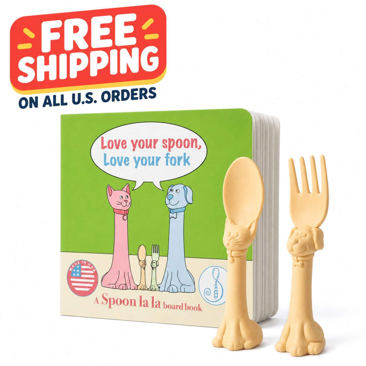 A Spoon la la board book set featuring a colorful board book with a green cover and two beige animal-shaped utensils, shown on a white background with a red 'FREE SHIPPING' promotional badge.