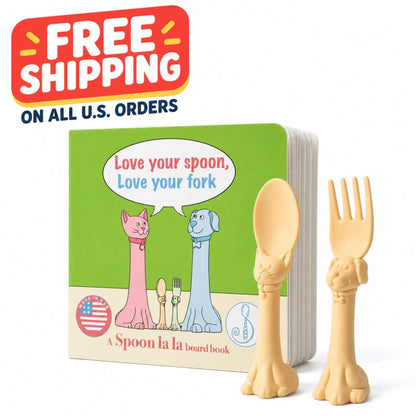 A Spoon la la board book set featuring a colorful board book with a green cover and two beige animal-shaped utensils, shown on a white background with a red 'FREE SHIPPING' promotional badge.