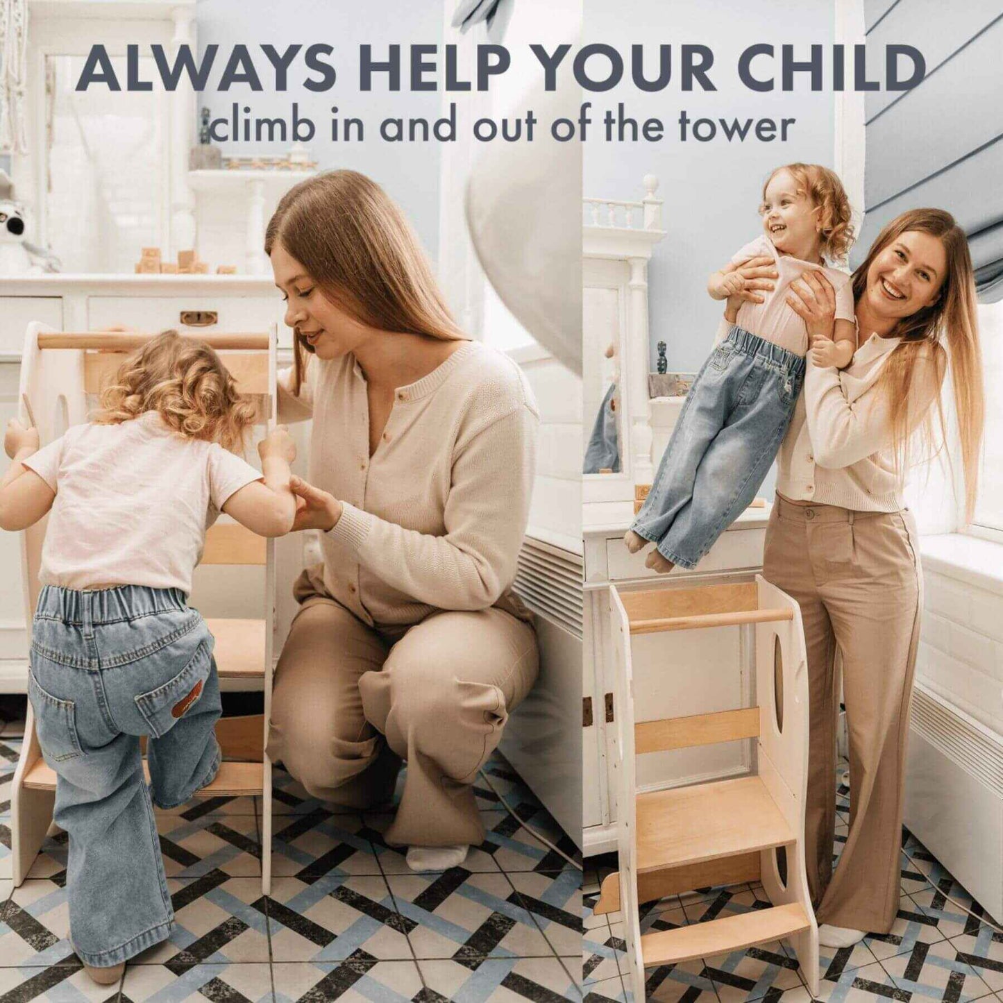 Kid using Goodevas Stable Montessori Learning Tower with mom next to her