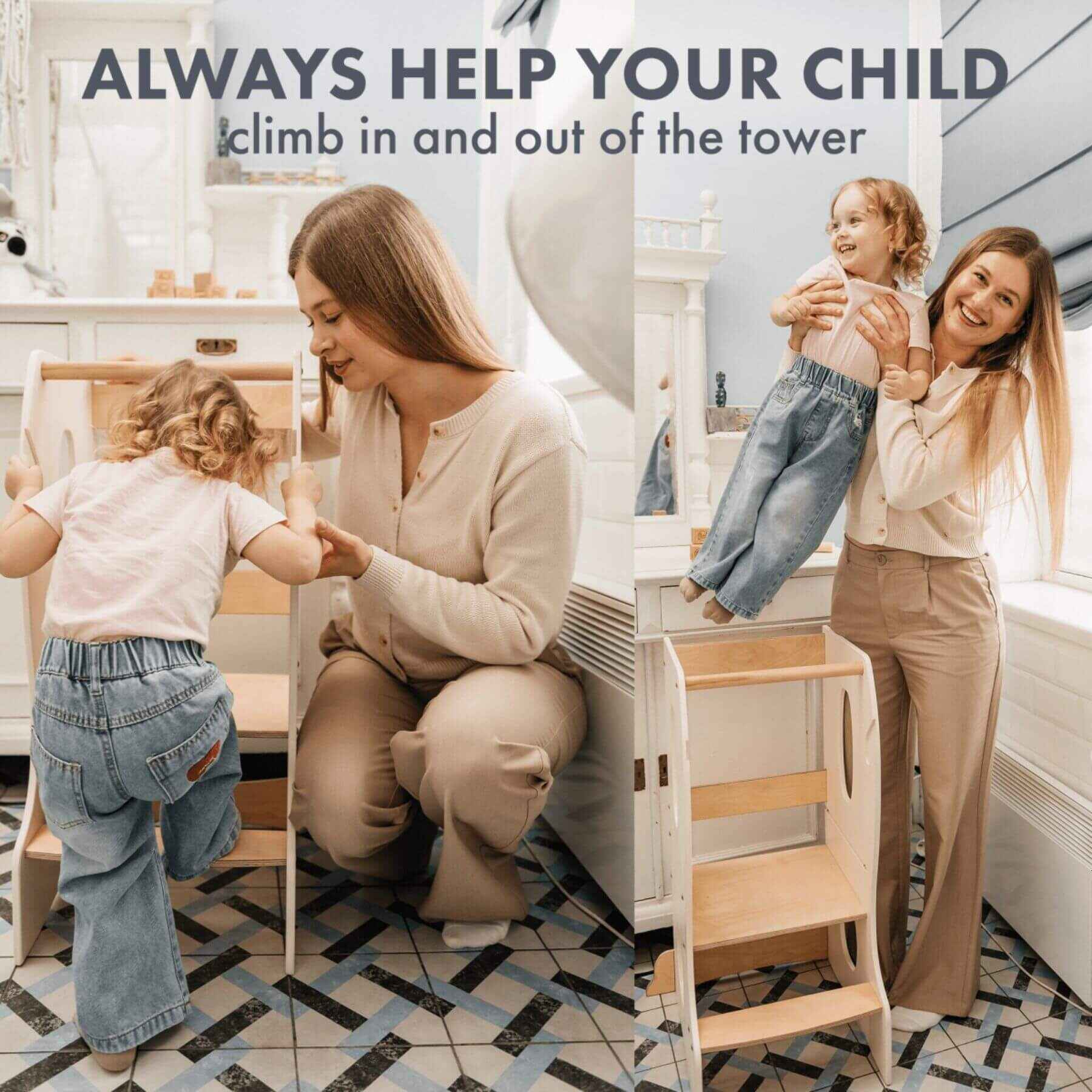 Kid using Goodevas Stable Montessori Learning Tower with mom next to her