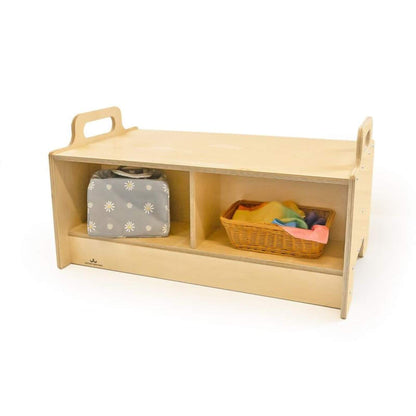 Whitney Brothers Stack-Able™ Bench holding a bag and a basket on a white background