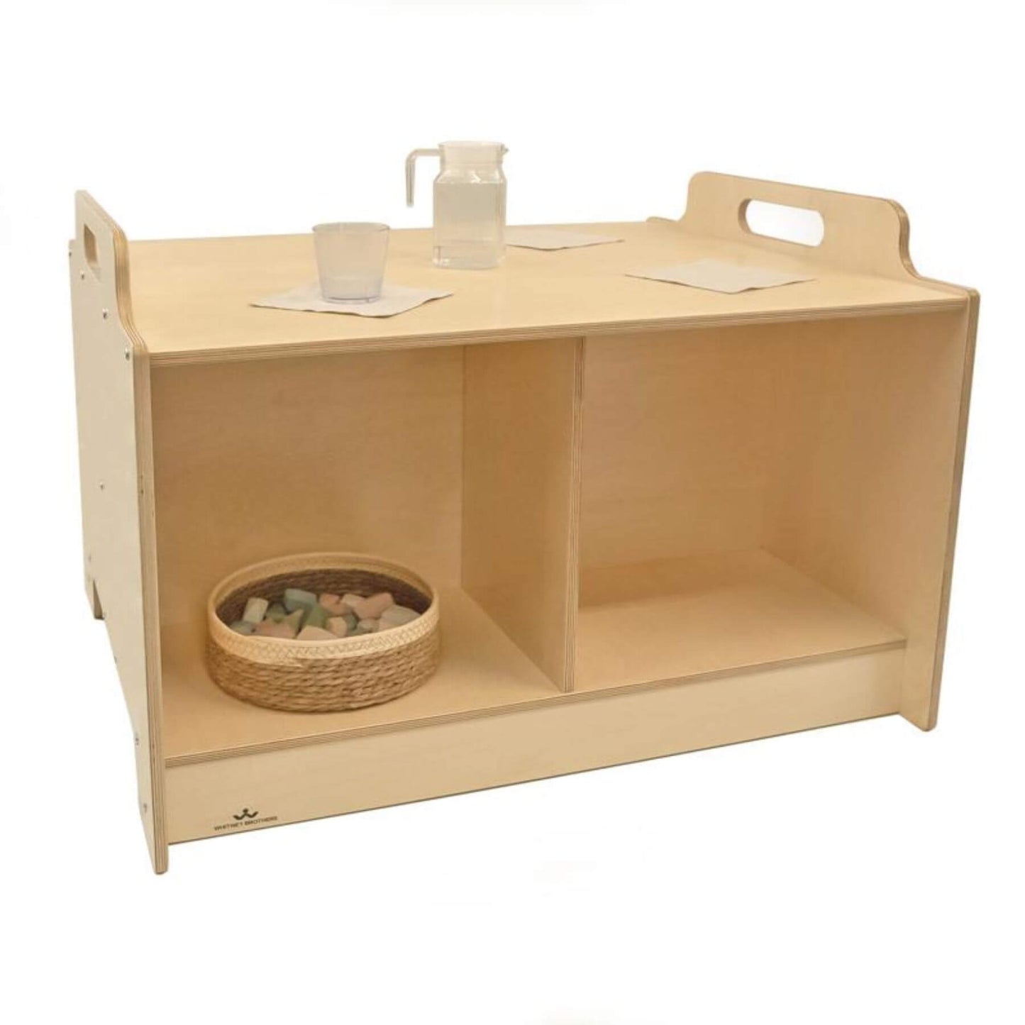 Stack-Able™ Table with a basket, cups, and a pitcher on a white background