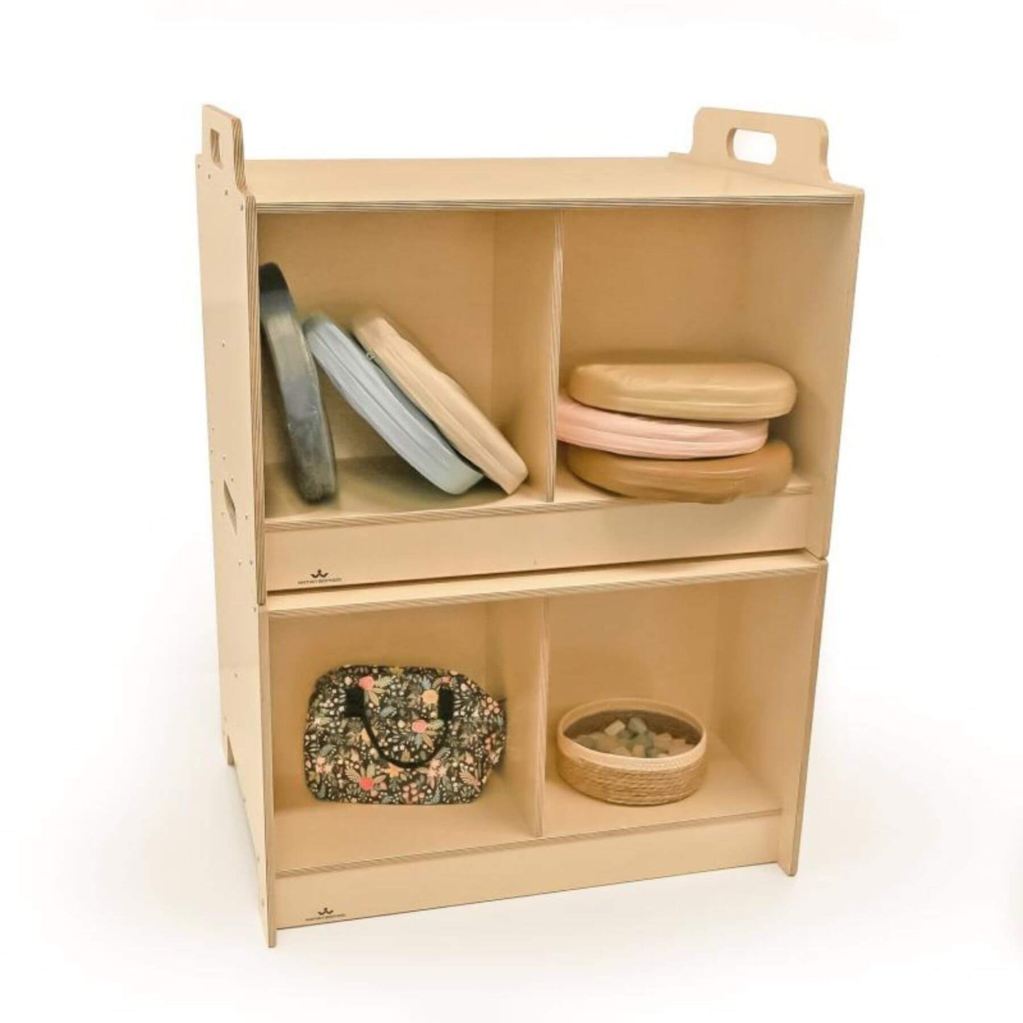 Two Stack-Able™ Tables with various items including bowls and a bag on a white background