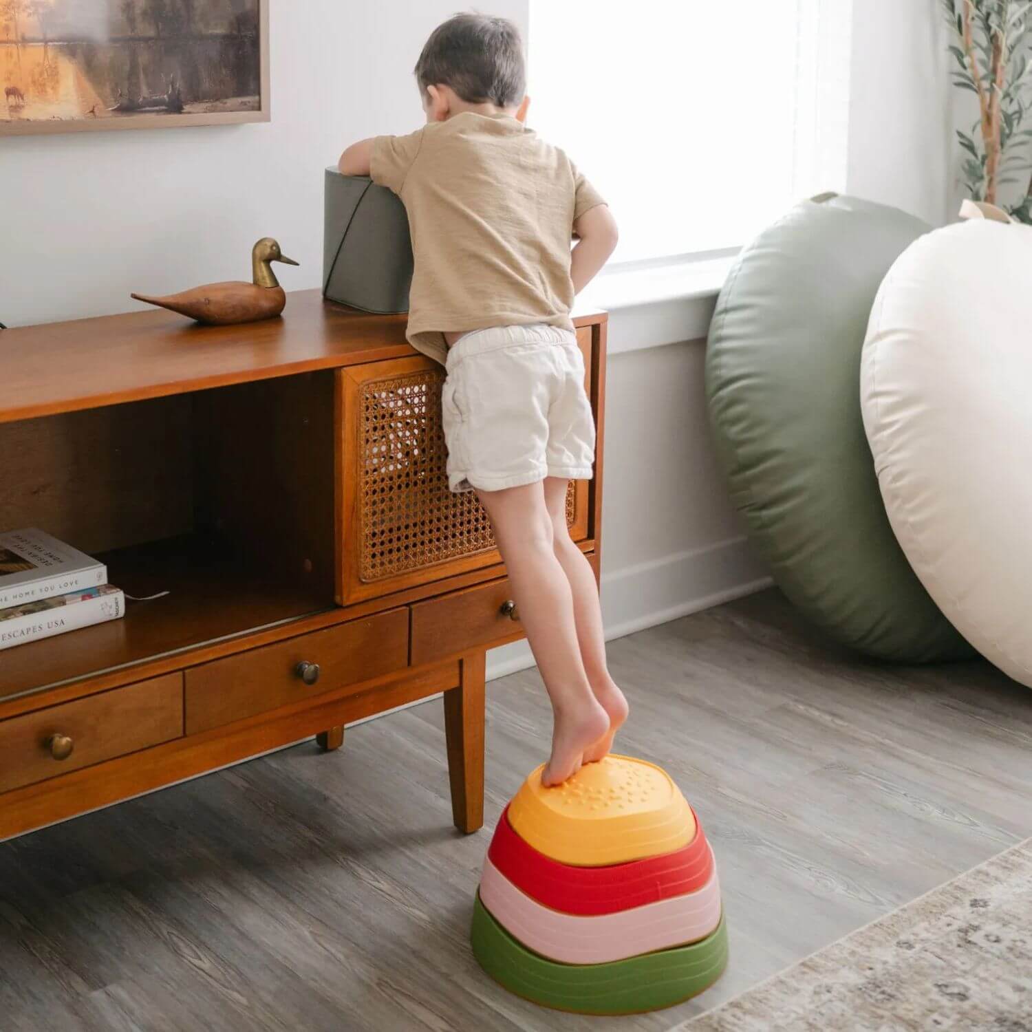 Boy Stepping on Tiny Land® Stepping Stones - Vintage Color to Reach Storage Bin