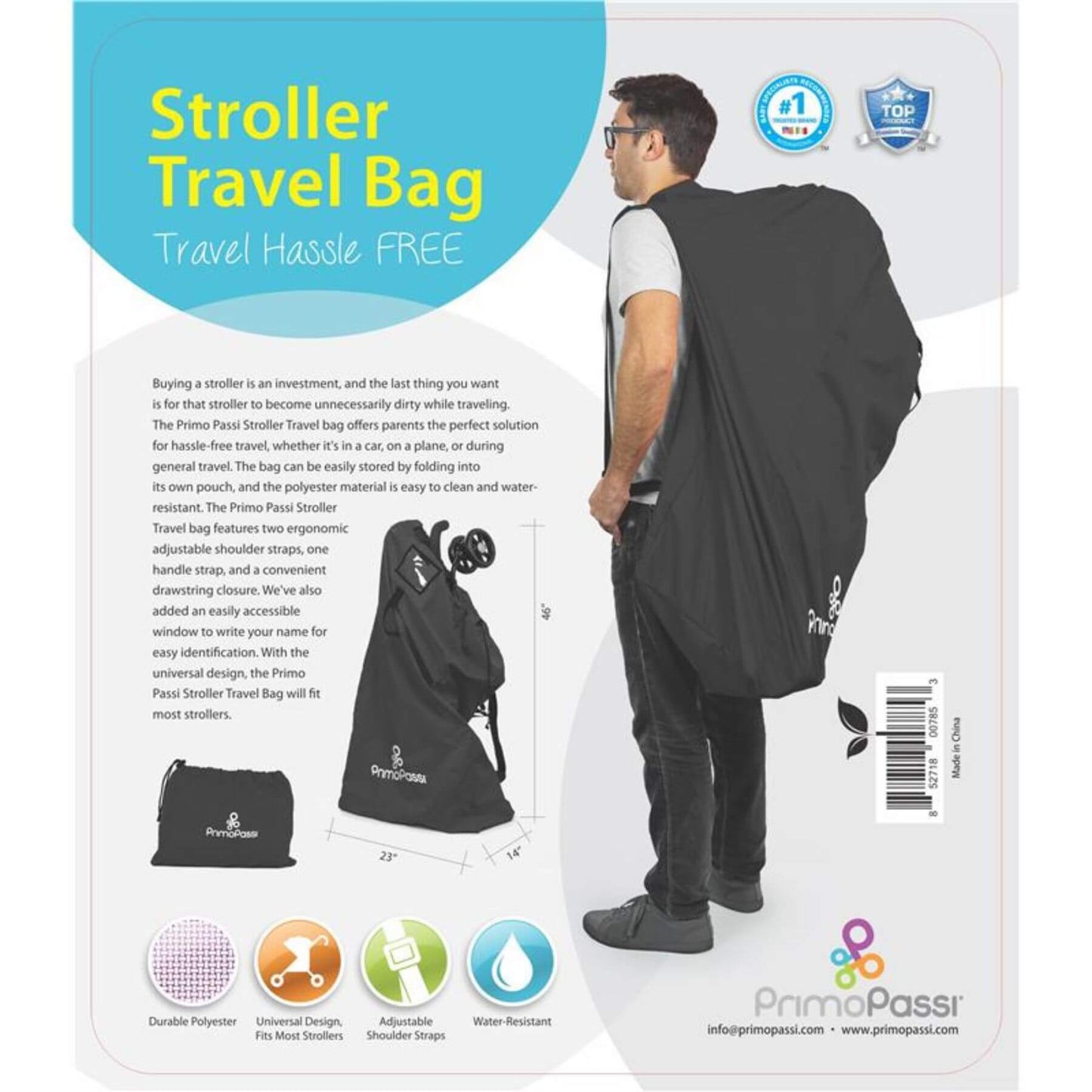 Stroller travel bag packaging with a man carrying the bag and product details.
