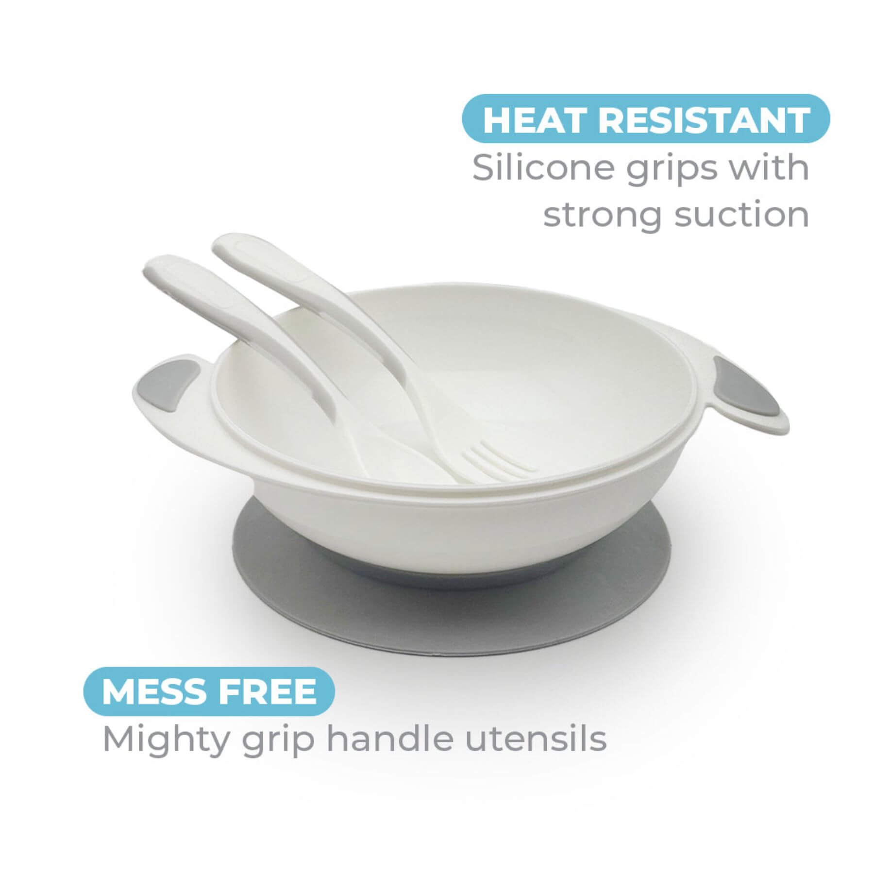 Primo Passi Suction Bowl Feeding Set Grey, featuring text on heat resistance and mess freedom.