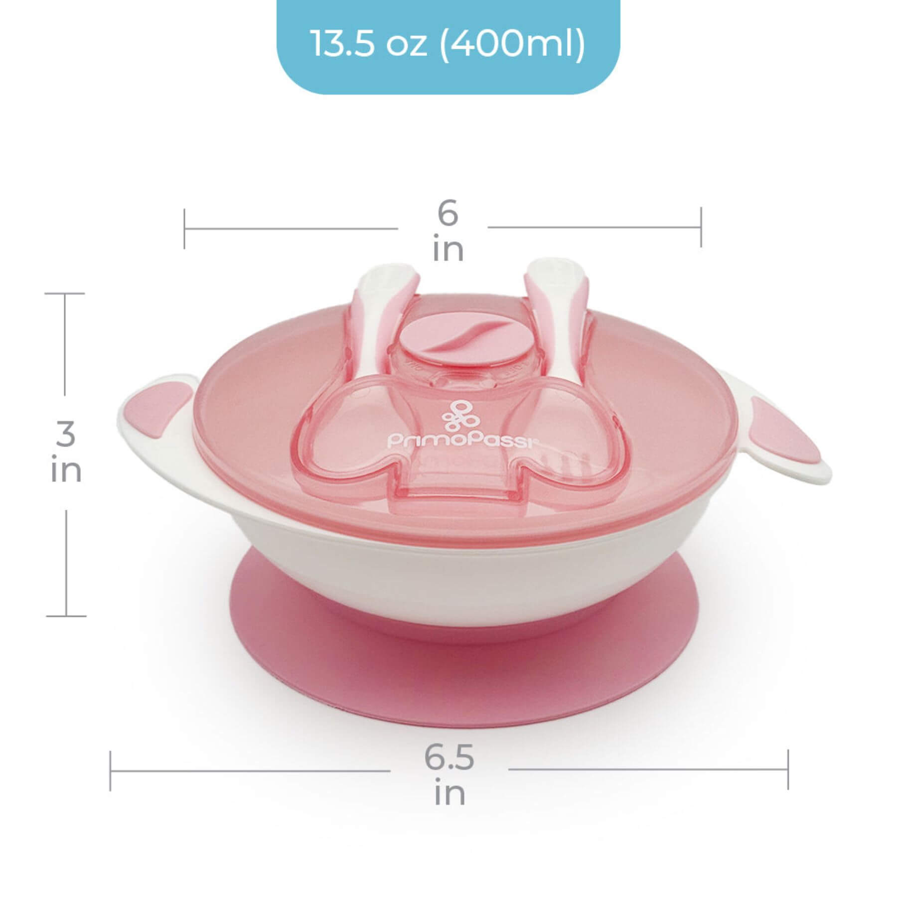 Primo Passi Suction Bowl Feeding Set Pink with dimensions