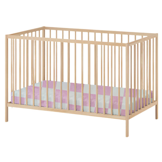 Wooden crib with Sugar Pink & White Checkered Crib Sheet and mattress