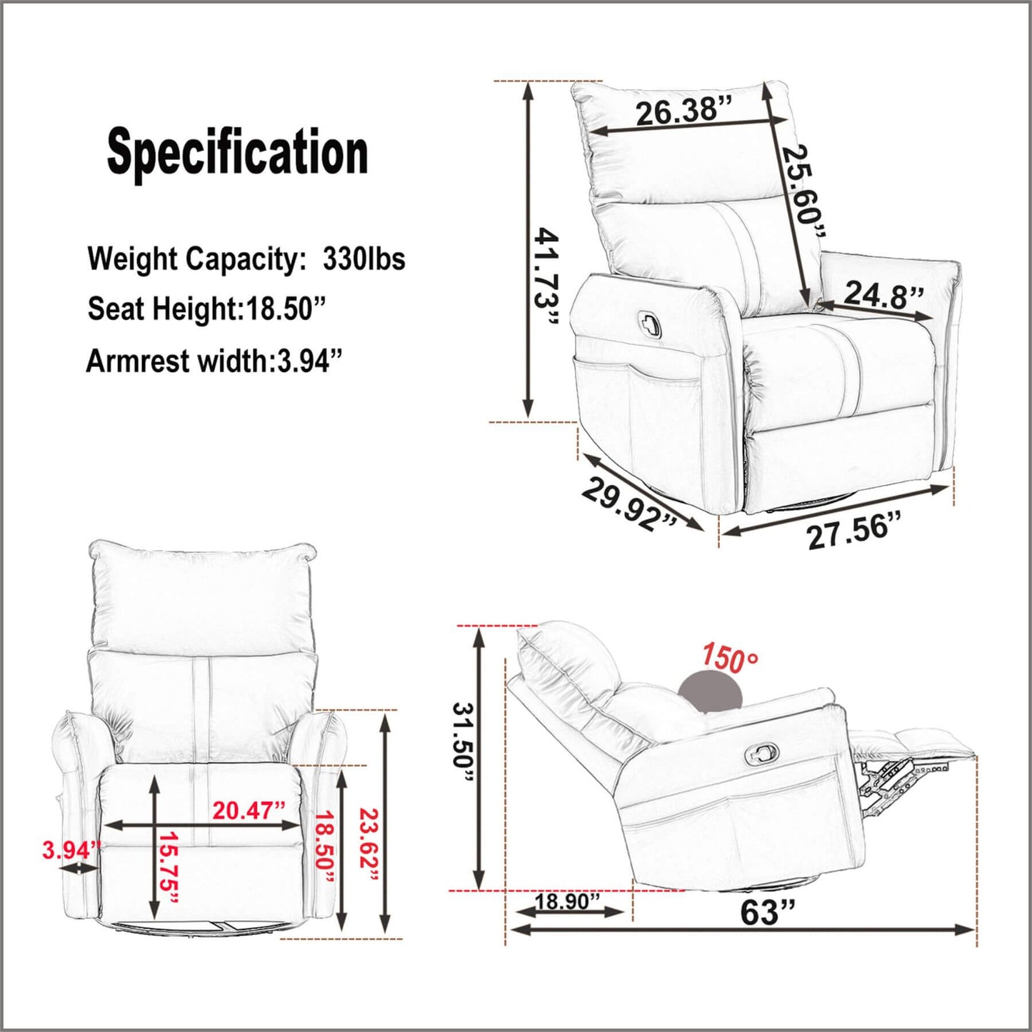 Recliner chair with detailed dimensions and specifications on a white background