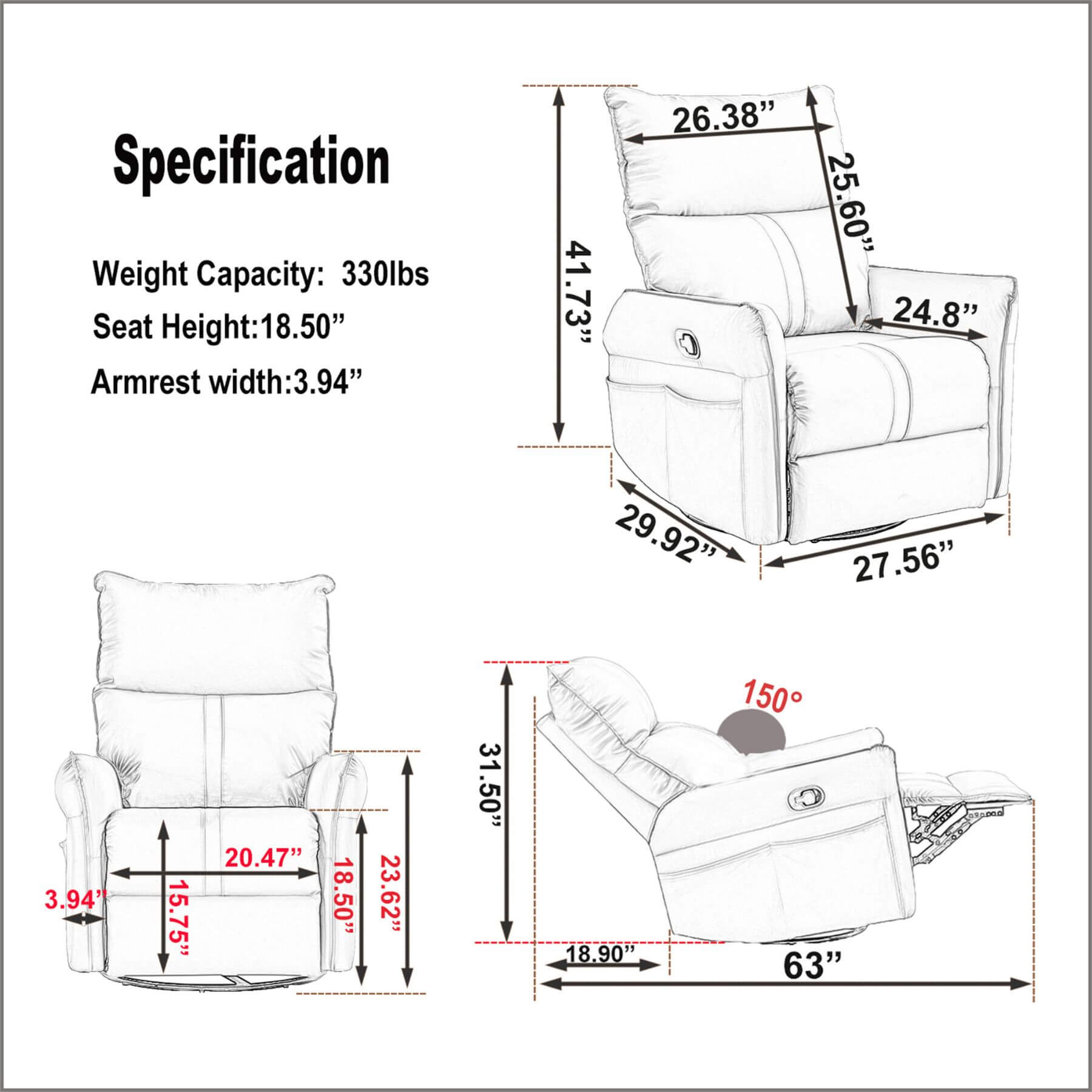 Recliner chair with detailed dimensions and specifications on a white background