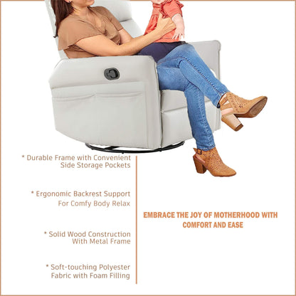 Woman sitting in a recliner chair with a baby, surrounded by text about the chair's features.