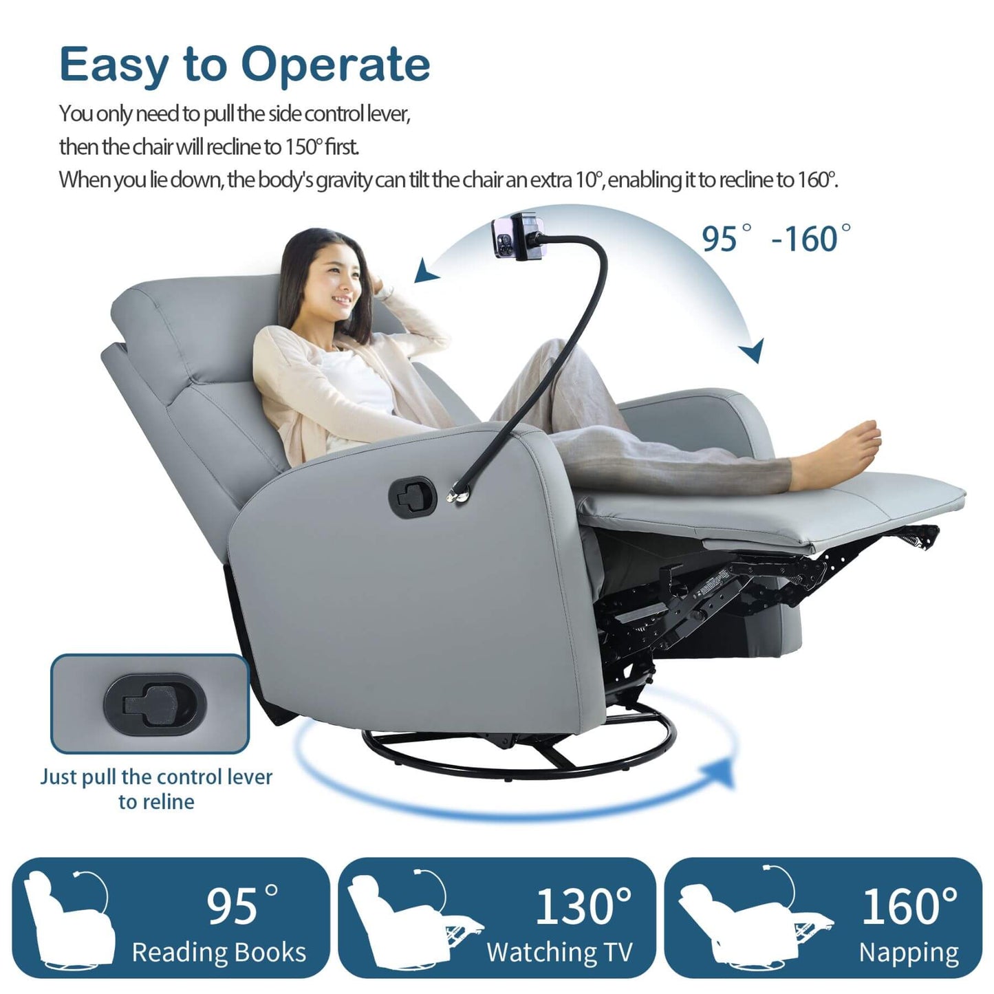 Gray recliner chair with user reclining, control lever shown, and text on recline angles.
