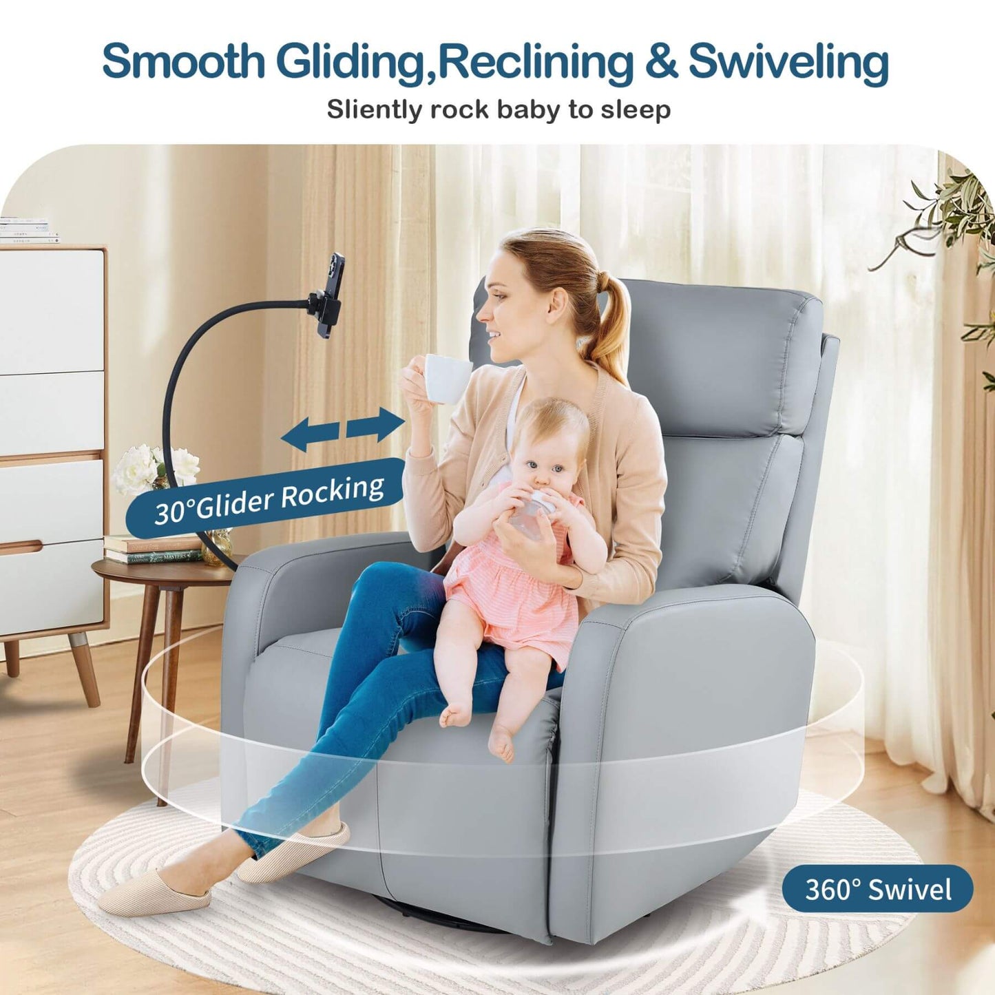 Woman sitting in a reclining chair with a baby, featuring smooth gliding, reclining, and swiveling functions.
