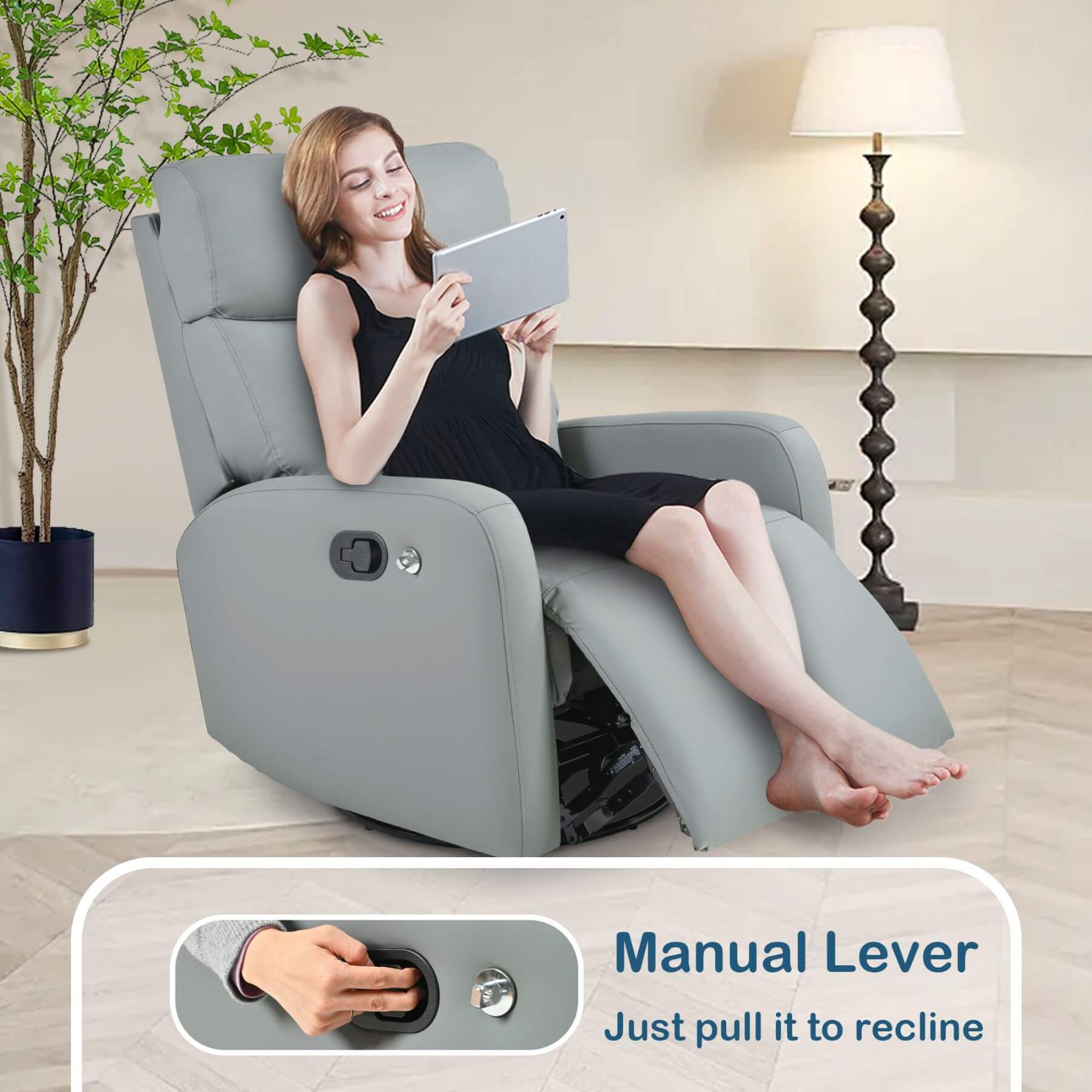 Woman reclining in Sunco Swivel Rocker Recliner Chair - Blue Gray, with a plant and lamp in the background.