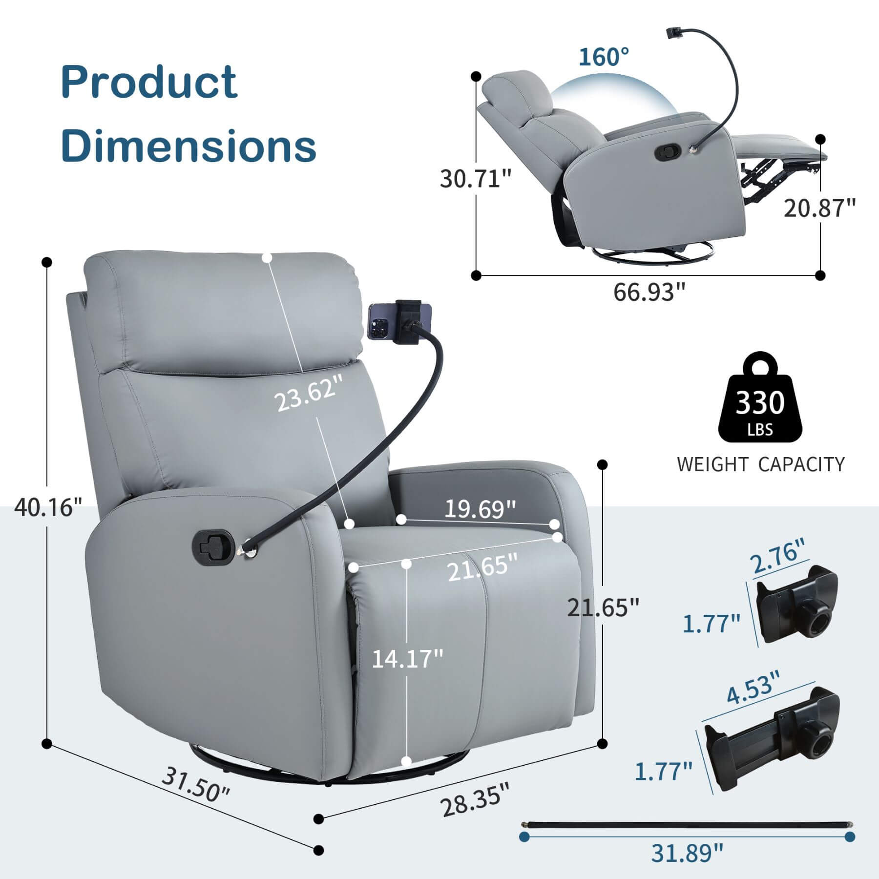 Gray recliner chair with detailed dimensions and weight capacity on a white background