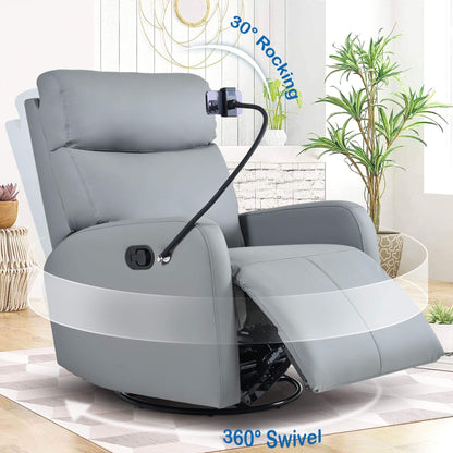 Gray recliner chair with rocking and swivel features in a home setting.