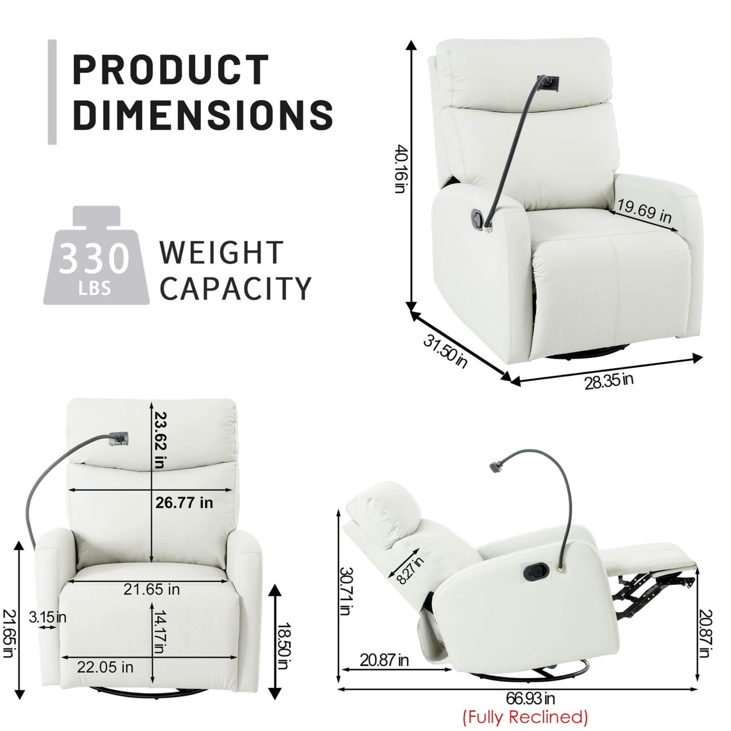 Light Gray recliner chair with dimensions and weight capacity displayed