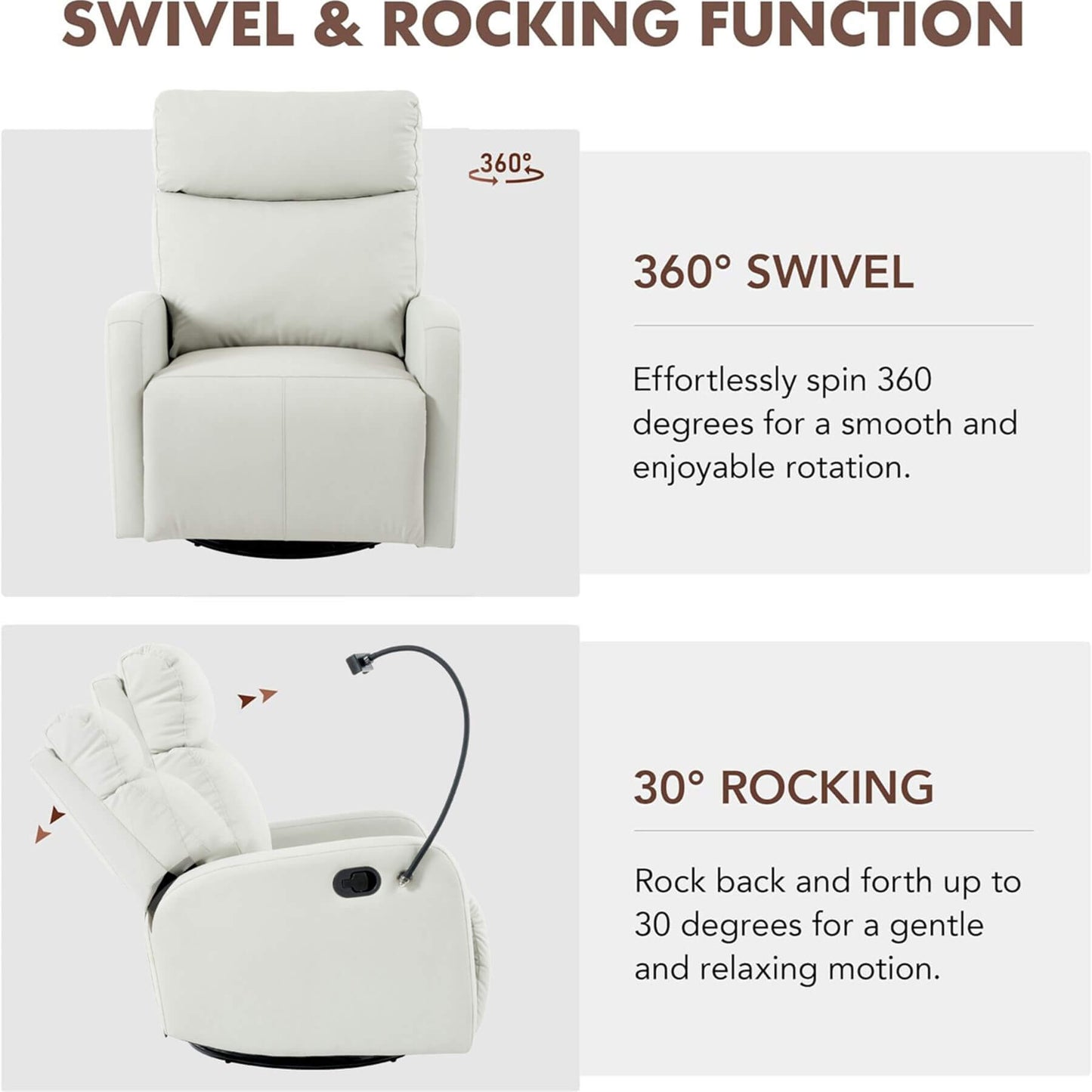 Recliner chair with swivel and rocking functions on a white background