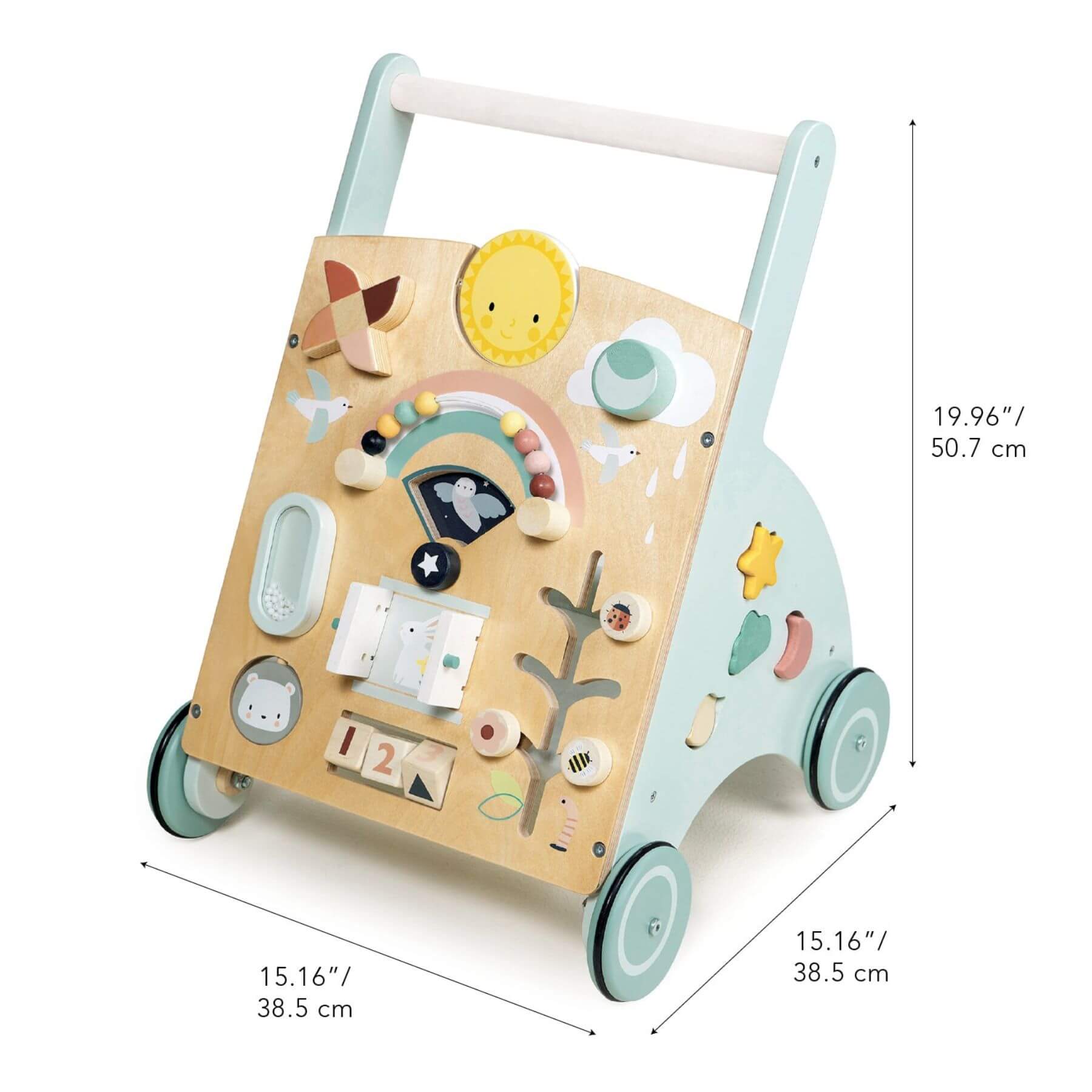 Tender Leaf Sunshine Baby Activity Walker and dimensions on a white background