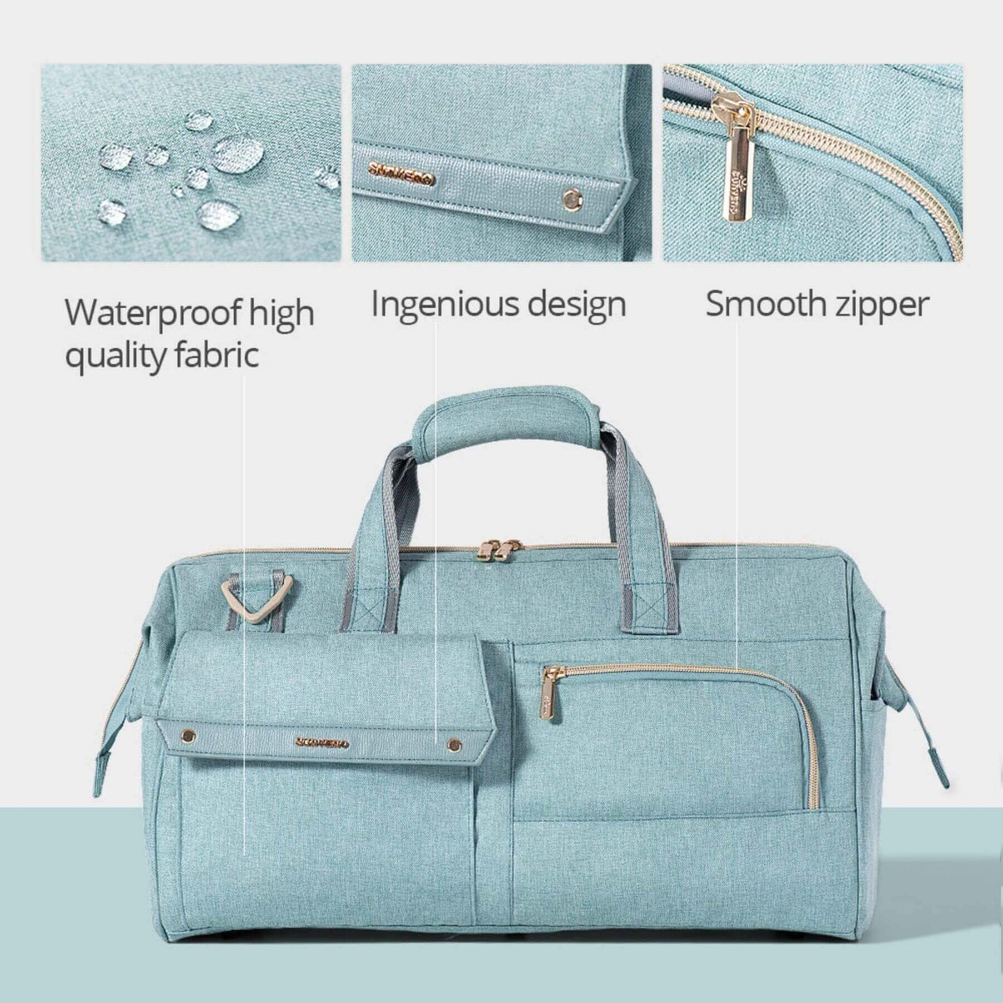 Sunveno 3 in 1 Diaper Travel Tote Bag - Green with features highlighted on a light blue background