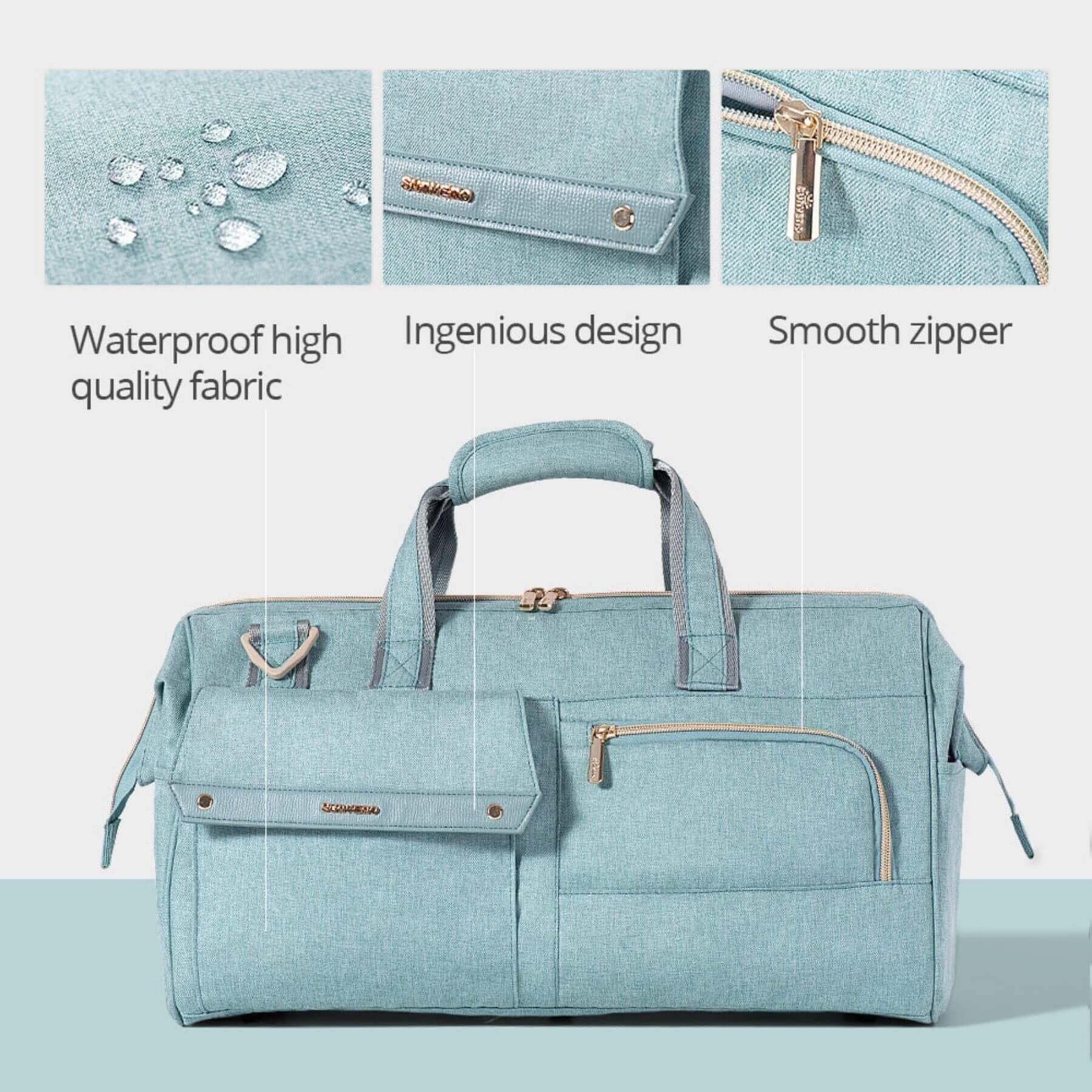 Sunveno 3 in 1 Diaper Travel Tote Bag - Green with features highlighted on a light blue background