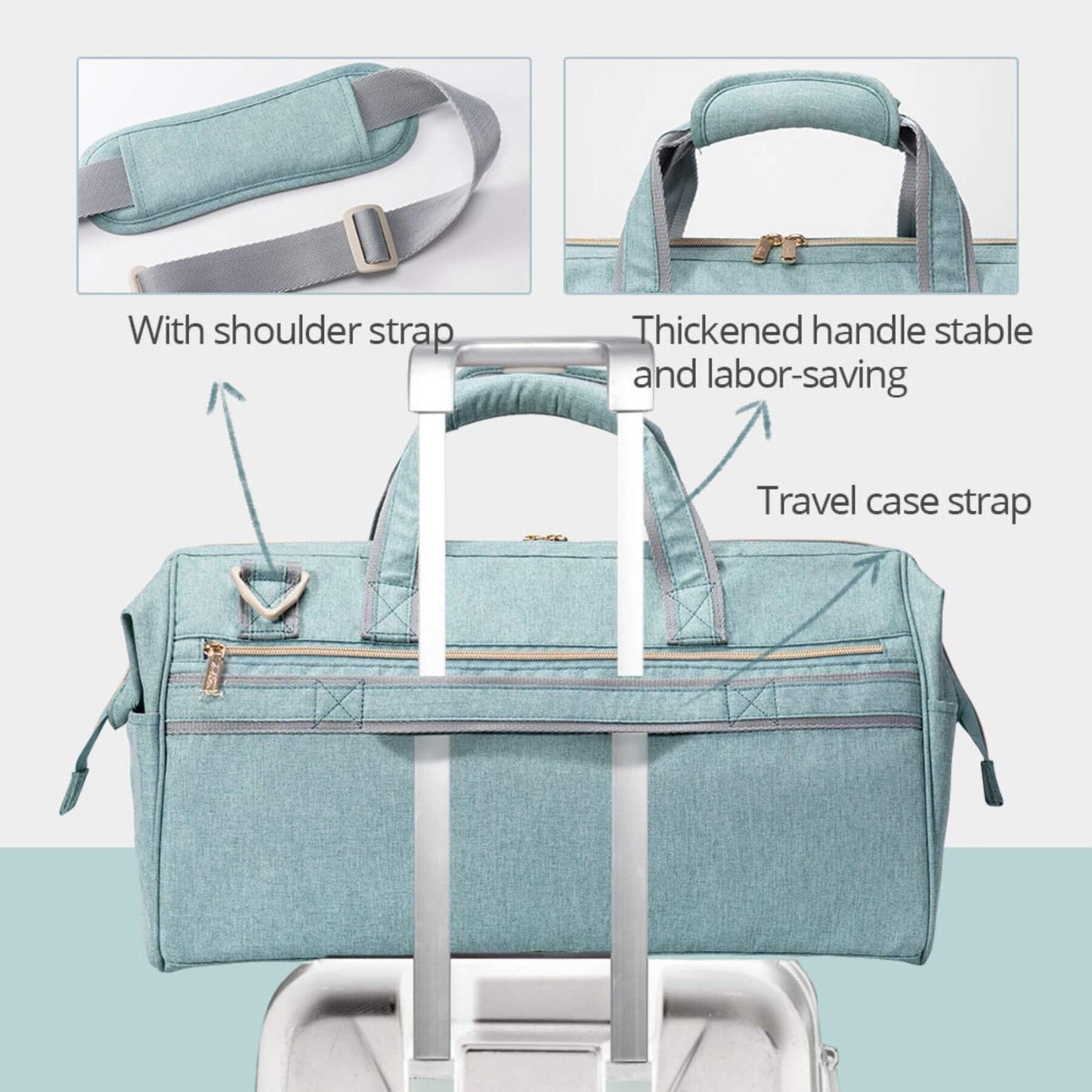 Sunveno 3 in 1 Diaper Travel Tote Bag - Green with features highlighted on a light gray background