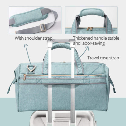 Sunveno 3 in 1 Diaper Travel Tote Bag - Green with features highlighted on a light gray background