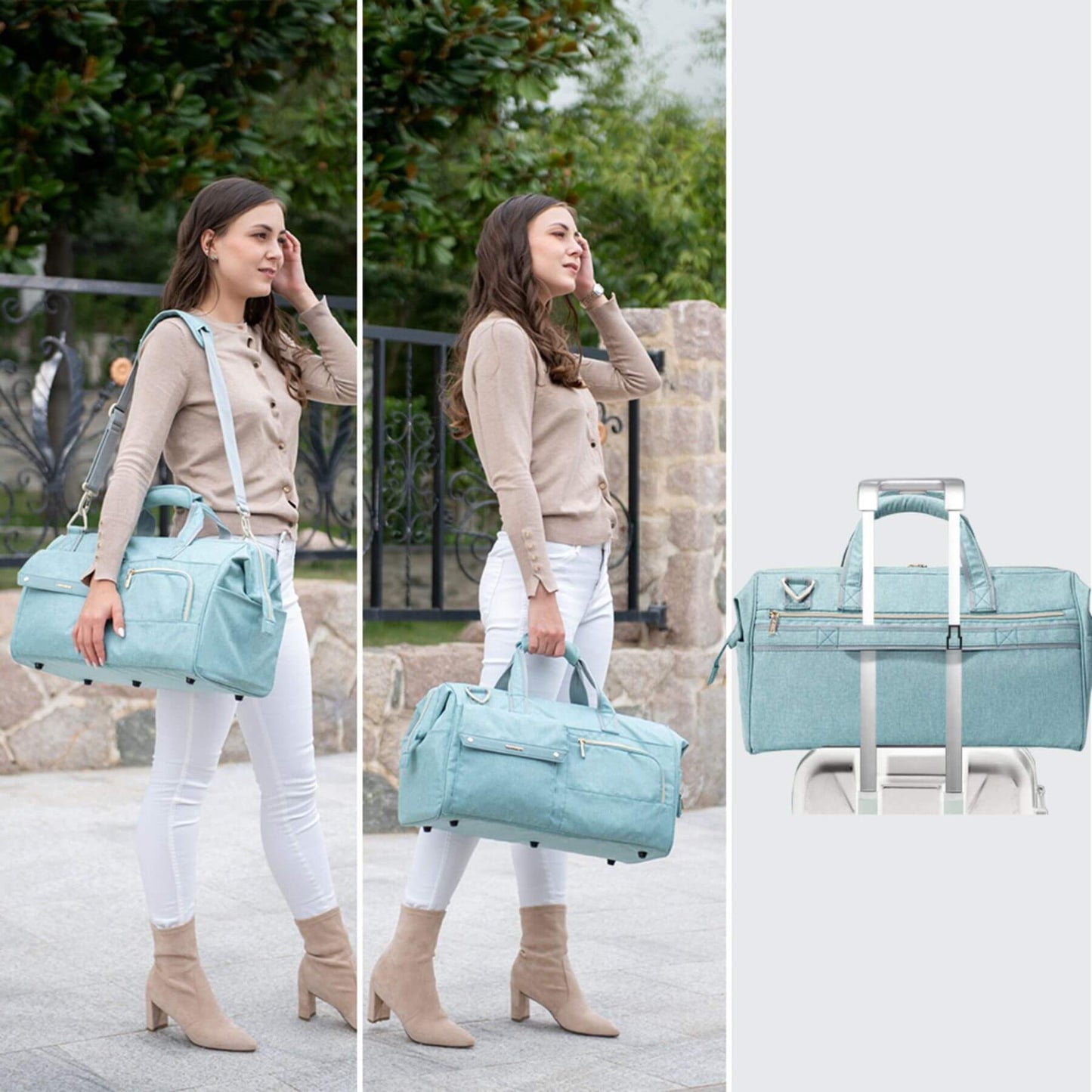Woman holding Sunveno 3 in 1 Diaper Travel Tote Bag - Green outdoors, with a close-up of the bag on a white background.