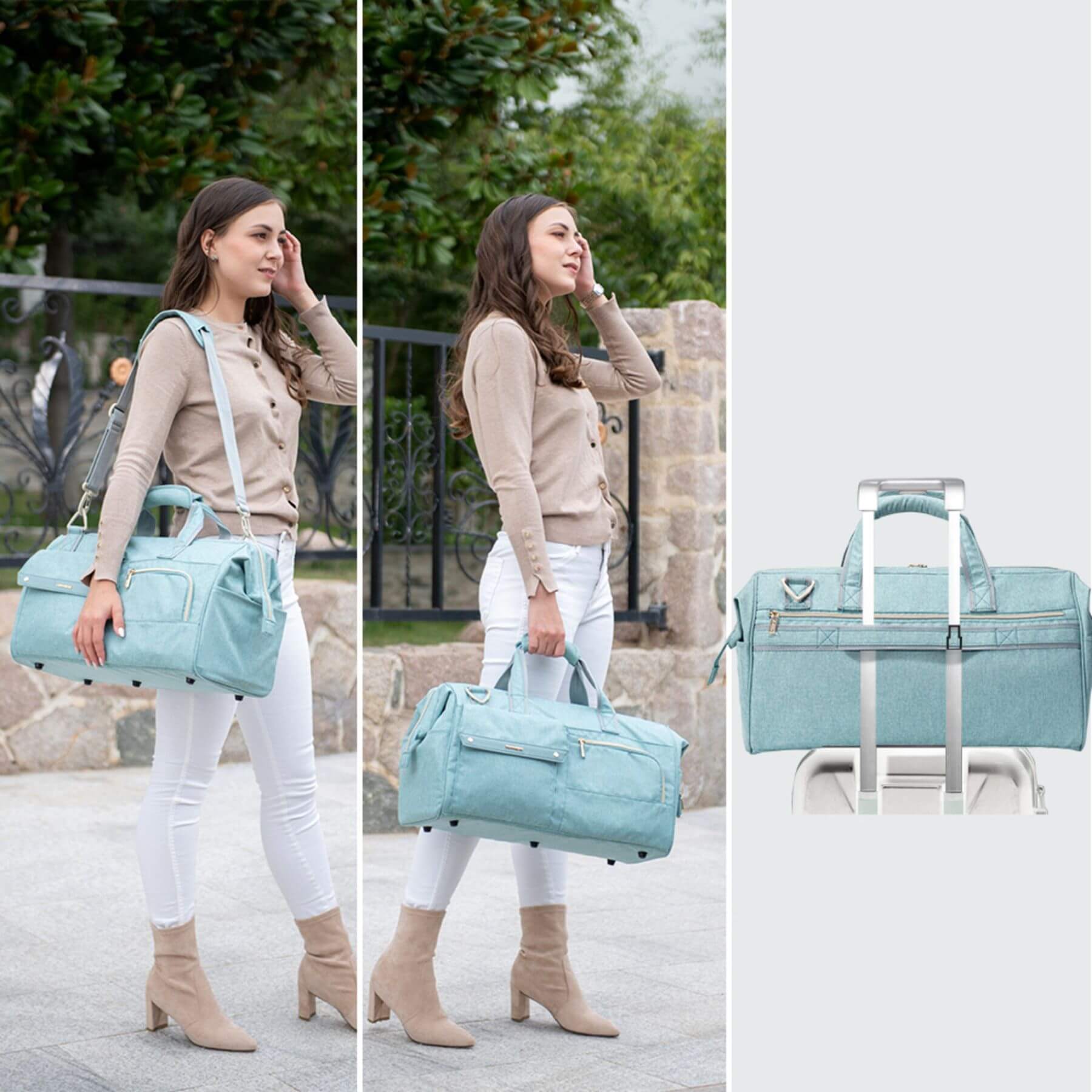 Woman holding Sunveno 3 in 1 Diaper Travel Tote Bag - Green outdoors, with a close-up of the bag on a white background.