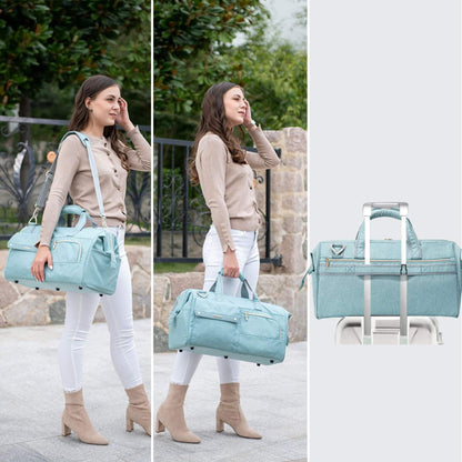 Woman holding Sunveno 3 in 1 Diaper Travel Tote Bag - Green outdoors, with a close-up of the bag on a white background.