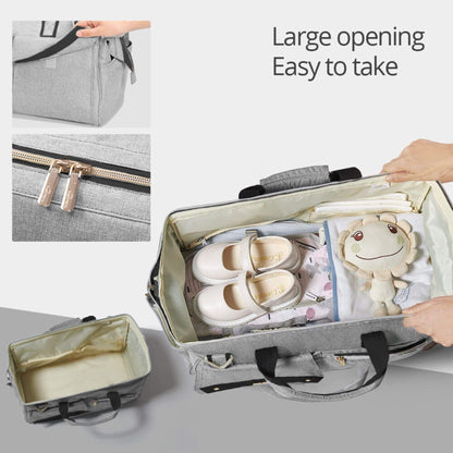 Sunveno 3 in 1 Diaper Travel Tote Bag - Grey with large opening, showing shoes and a plush toy inside.