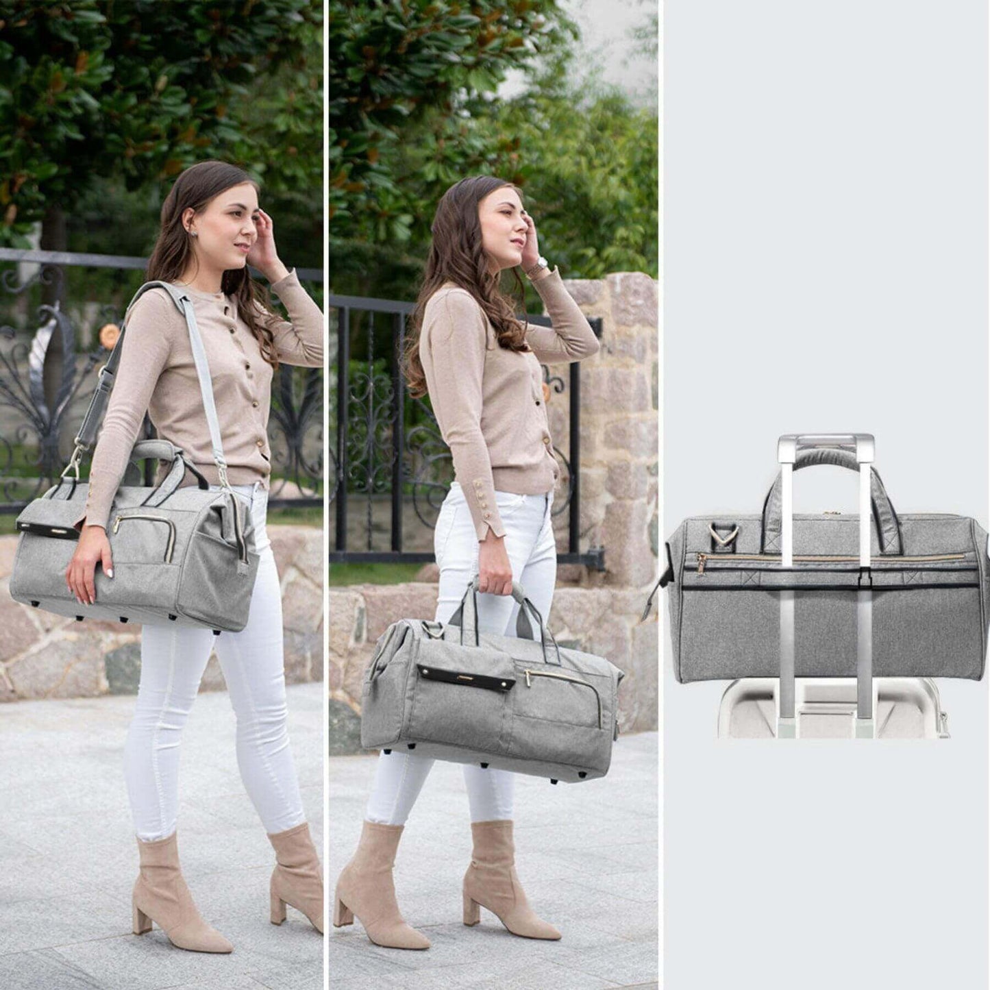 Woman holding Sunveno 3 in 1 Diaper Travel Tote Bag - Grey with a side view of the bag on a stand.