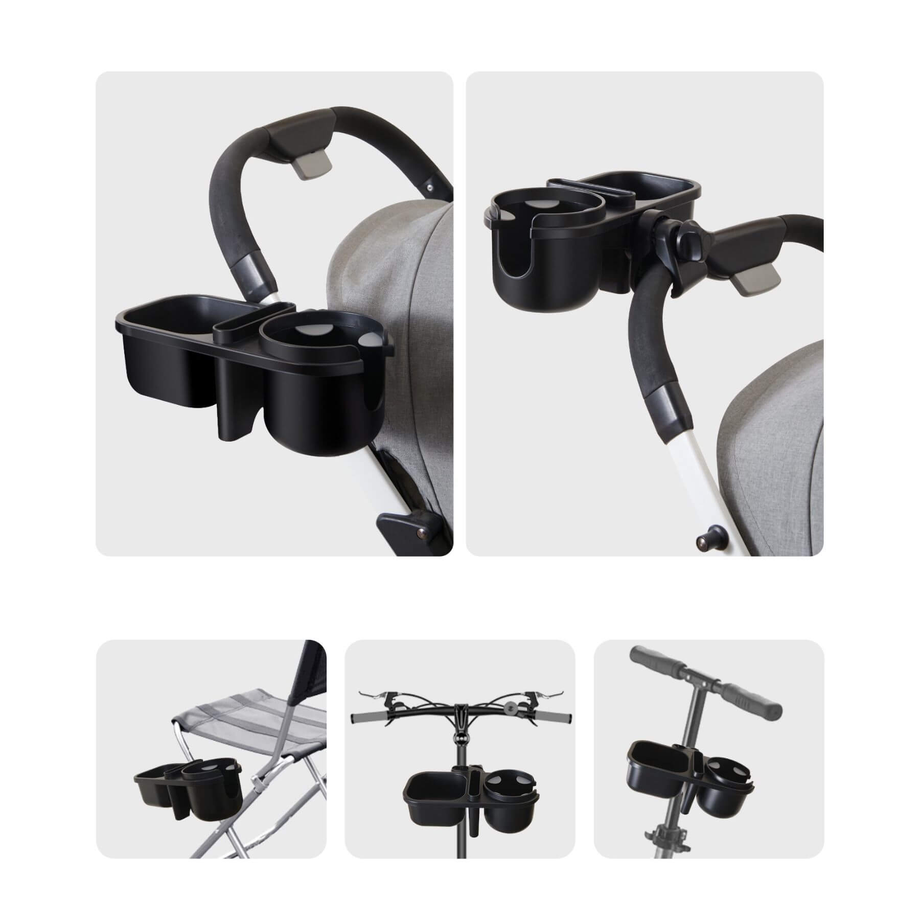 Black cup holder attached to various surfaces including a chair, bike, and car.