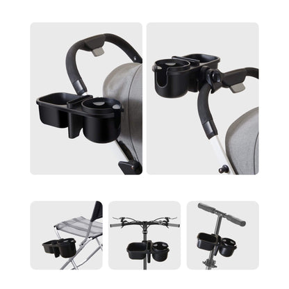 Black cup holder attached to various surfaces including a chair, bike, and car.