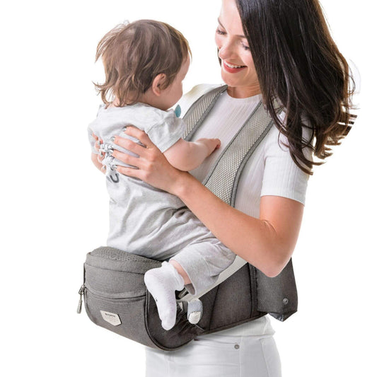 Woman carrying a baby in Sunveno Two Shoulder Straps Baby Hipseat against a white background