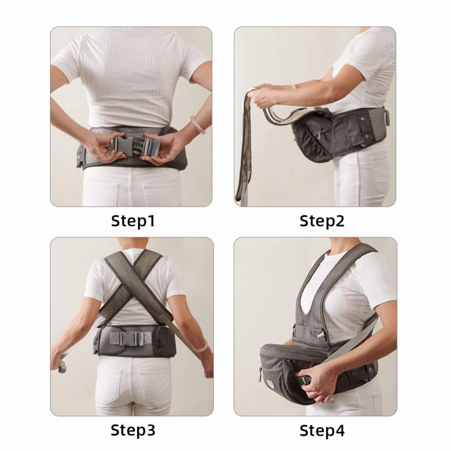 Step-by-step guide on how to use a waist bag with four images showing different stages.