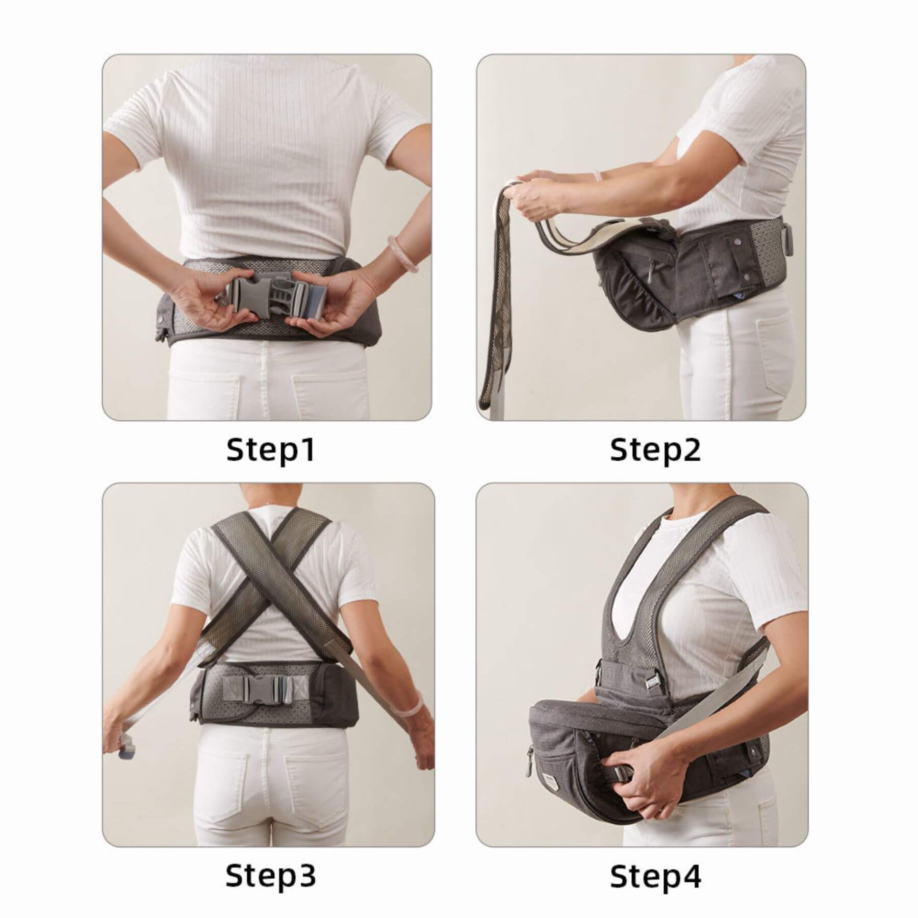 Step-by-step guide on how to use a waist bag with four images showing different stages.