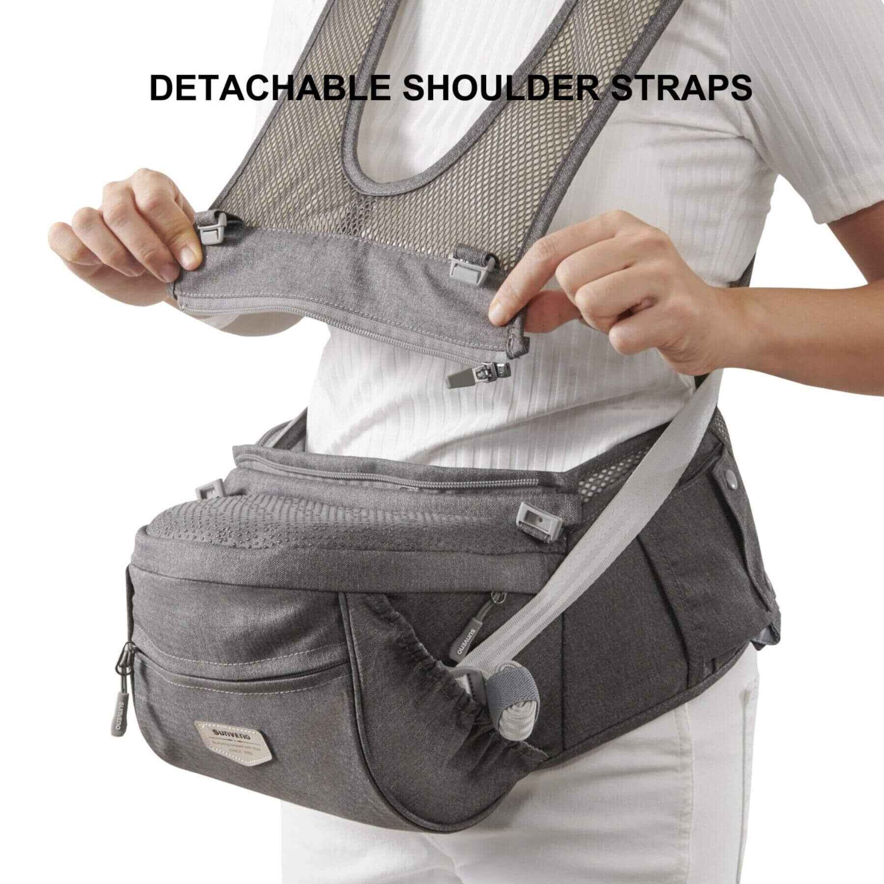 Person adjusting detachable shoulder straps on Sunveno Baby Hipseat with text 'Detachable Shoulder Straps'.
