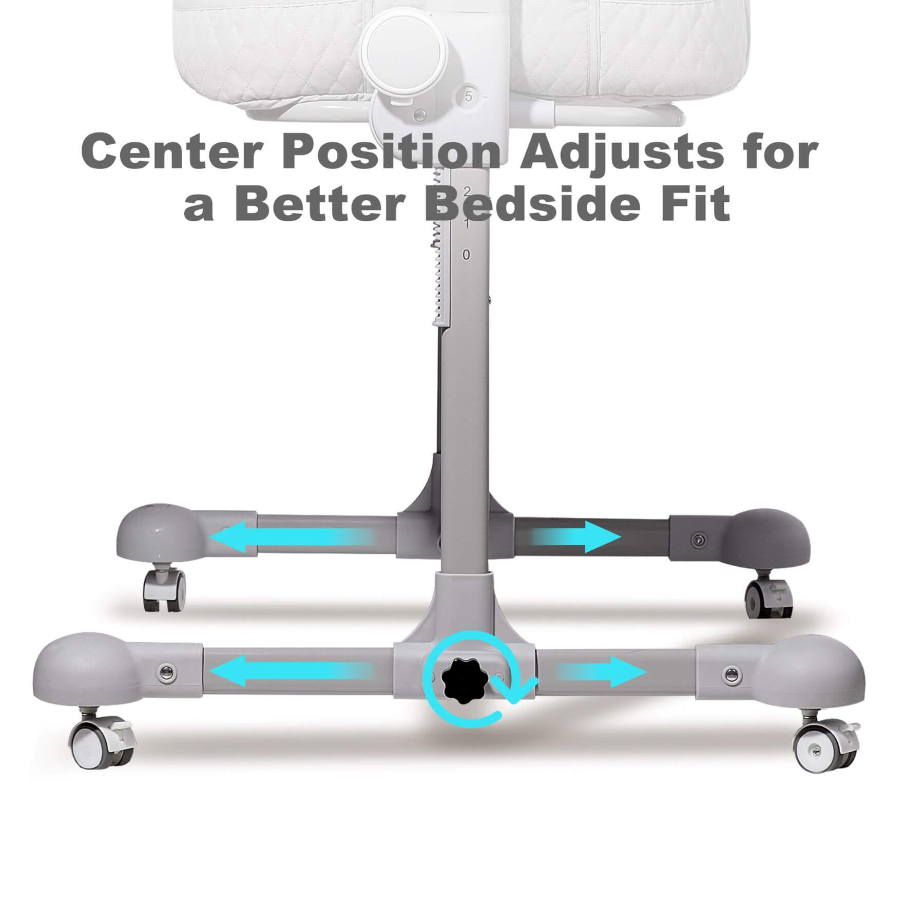 Adjustable Sunveno Baby Bassinet Bedside Crib with text indicating adjustable center position for better bedside fit.