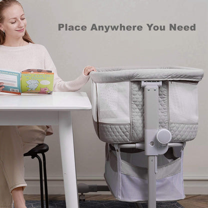 Woman with Sunveno Baby Bassinet Bedside Crib next to a table, with text 'Place Anywhere You Need'.