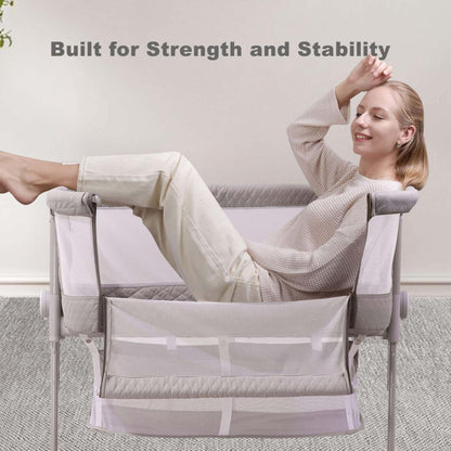Woman relaxing in Sunveno Baby Bassinet Bedside Crib with text 'Built for Strength and Stability' above.