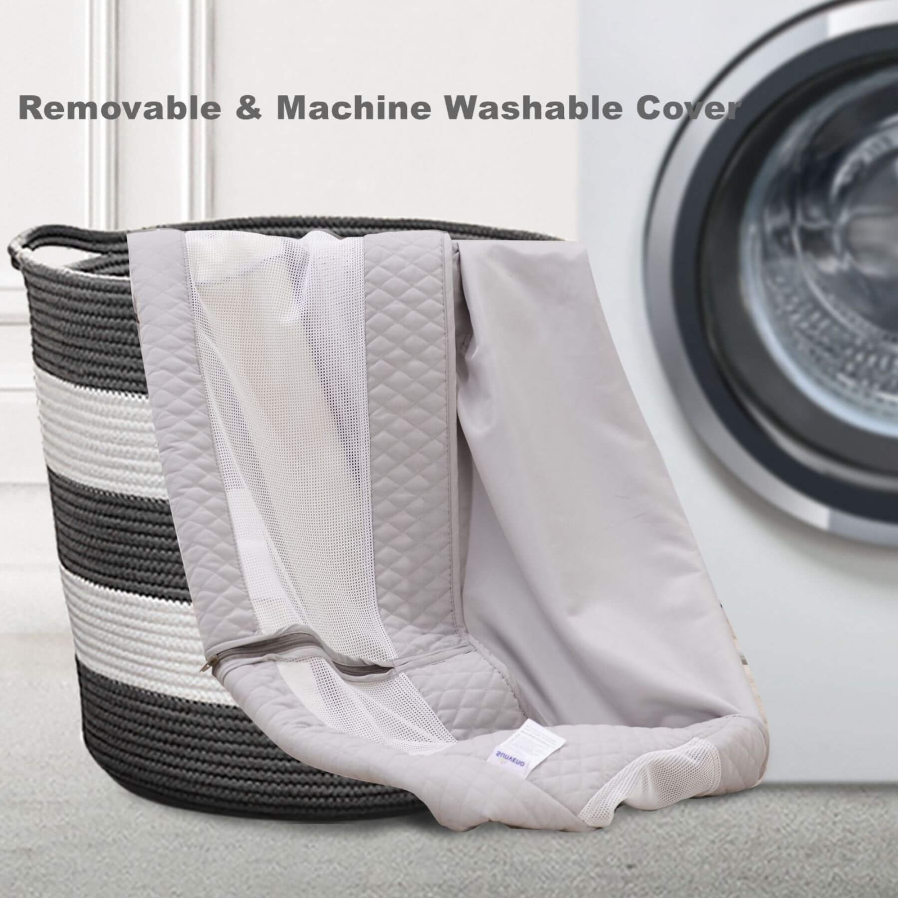 Removable and machine washable cover draped over a woven basket with a washing machine in the background.