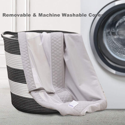 Removable and machine washable cover draped over a woven basket with a washing machine in the background.