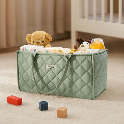 Sunveno Quilted Diaper Caddy Organizer - Green with toys on a carpeted floor