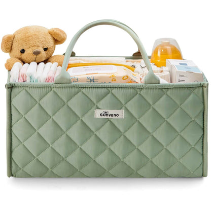 Sunveno Quilted Diaper Caddy Organizer - Green with baby items on a white background