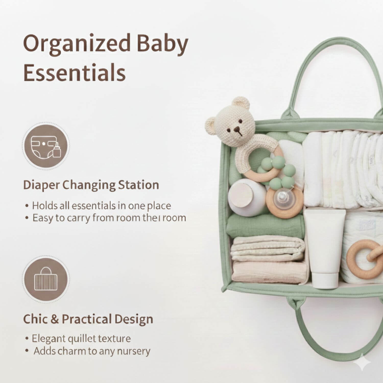 Green baby organizer with baby essentials including a teddy bear, toys, and diapers on a white background.