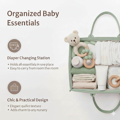 Green baby organizer with baby essentials including a teddy bear, toys, and diapers on a white background.