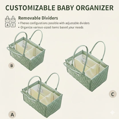 Sunveno Quilted Diaper Caddy Organizer - Green with removable dividers on a beige background