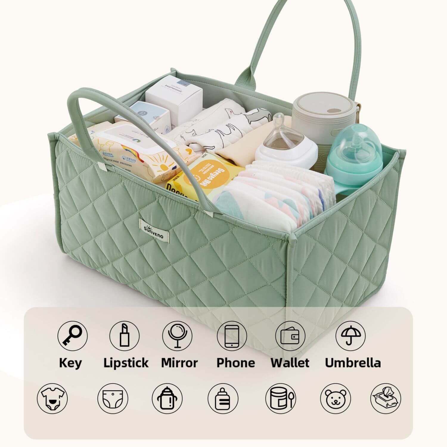 Sunveno Quilted Diaper Caddy Organizer - Green with baby items on a white background