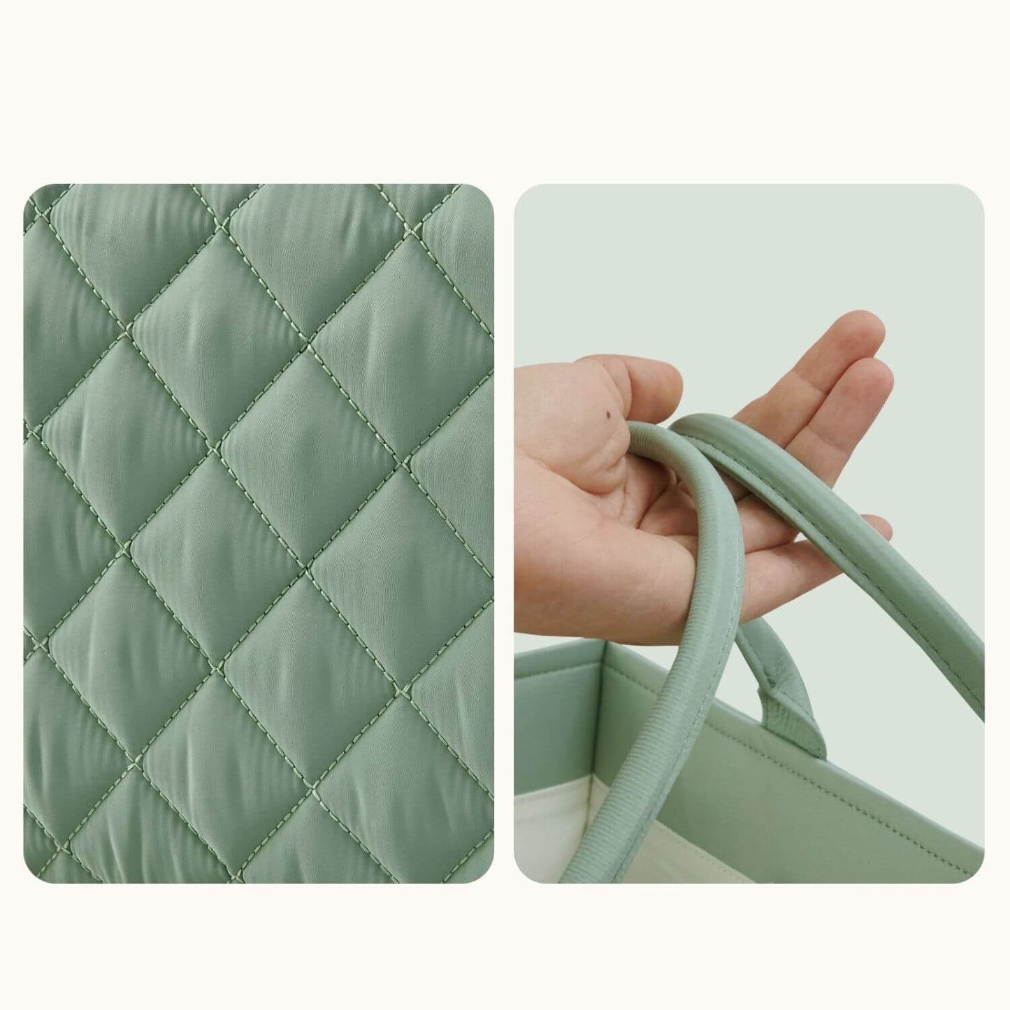 Green quilted bag with diamond pattern and handle held by a hand on a light green background
